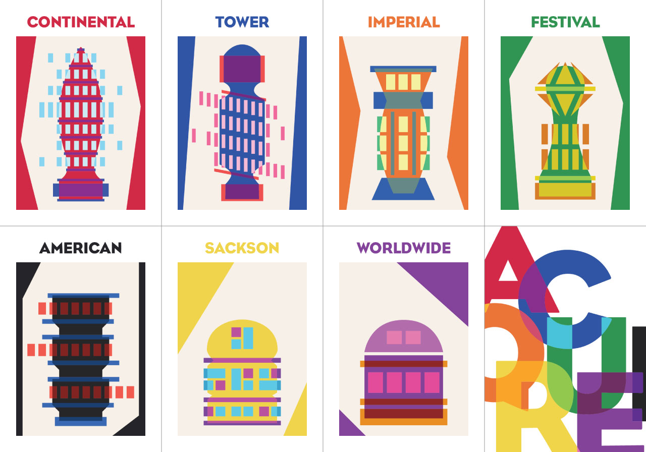 Artwork of Acquire buildings: Continental, Tower, Imperial, Festival, American, Sackson, Worldwide, and the back design